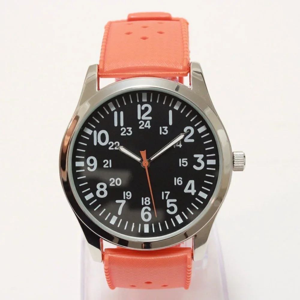 Men's Quartz Field Watch Silver Case Orange Tropical Rubber Strap 42mm